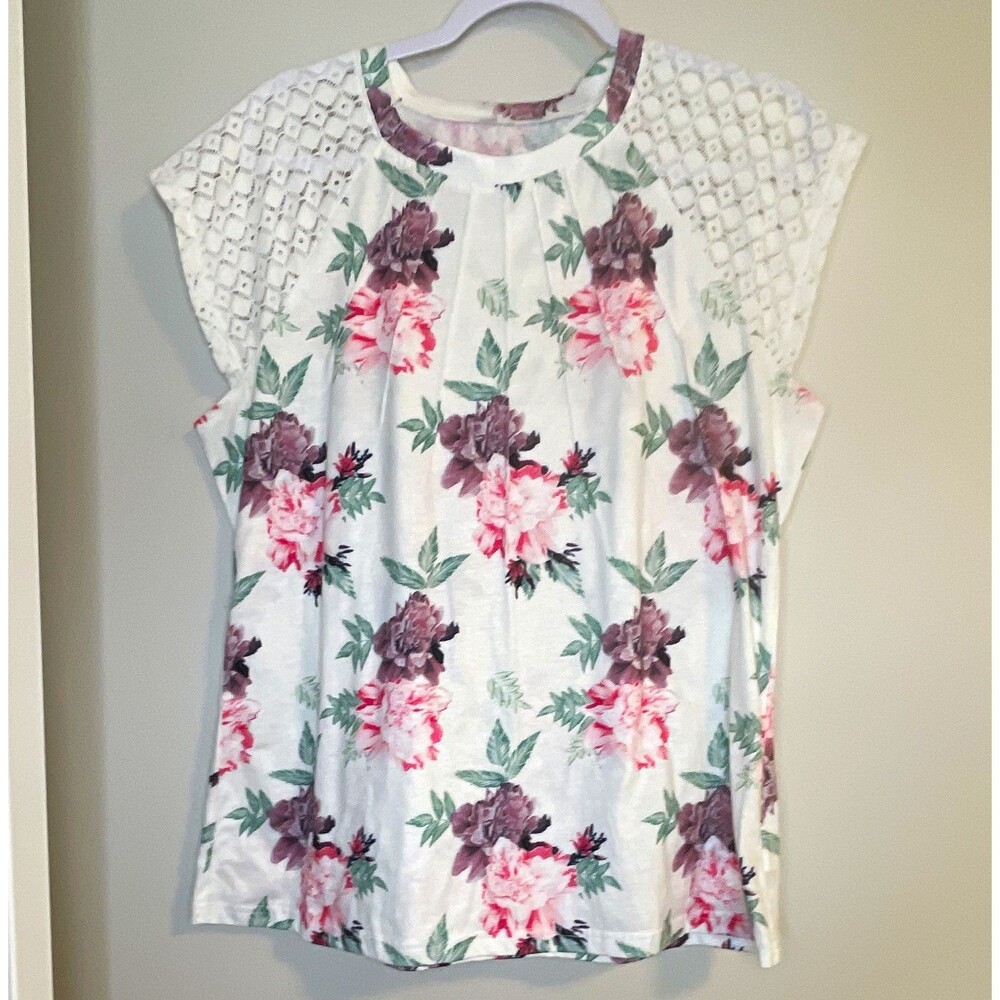 Women’s XL White Pink Green Purple Floral Knit Crew Neck Lace Cap Sleeve Top